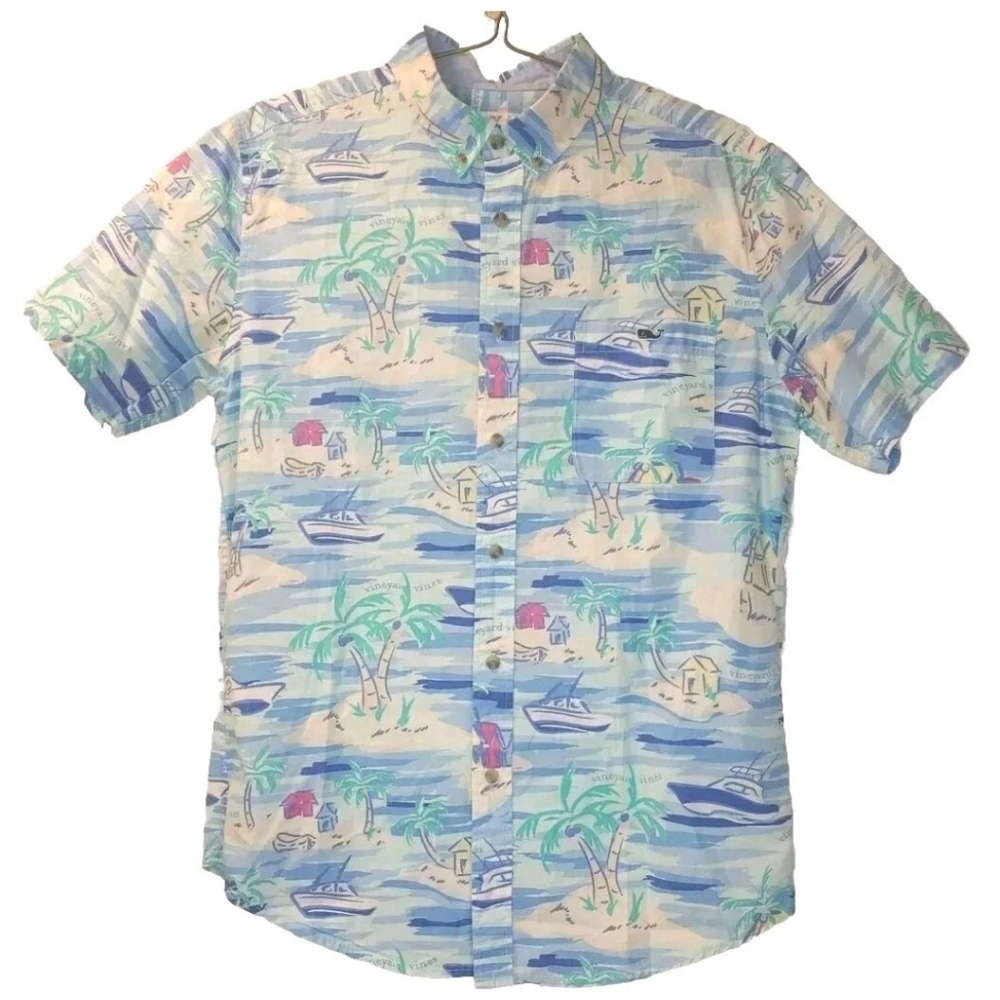 Vineyard Vines Hawaiian Shirt Med Blue Beach Nautical Vacation Coastal Resort